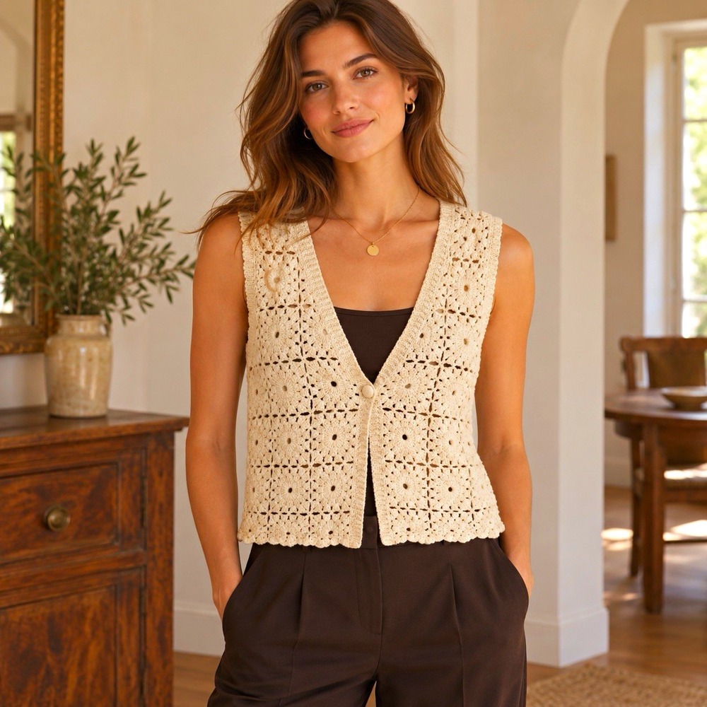 Crochet Granny Square Sweater Vest Cream Boho Cottagecore Button Front
